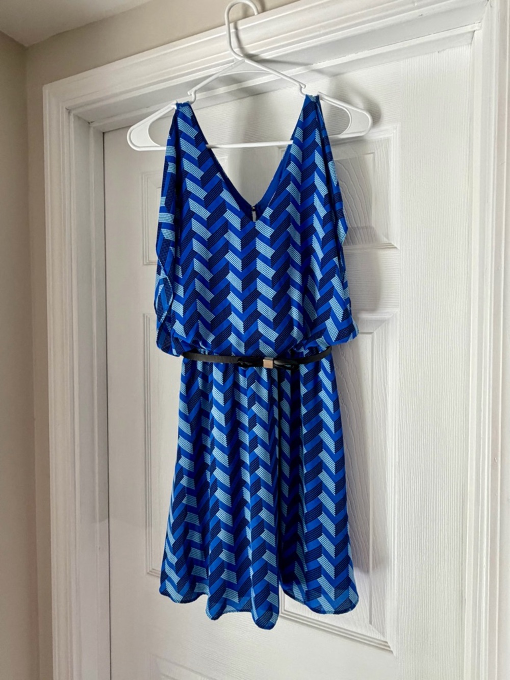 Candie's Blue Chevron V-Neck Mini Dress with Belt